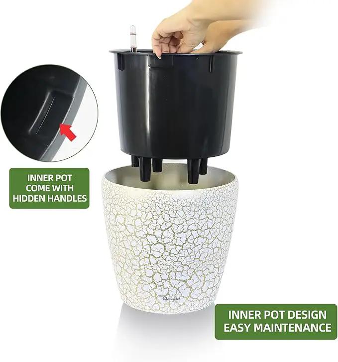 Dexceder 9x8 Inches Self Watering Planter Indoor Outdoor, Inner Pot Design, Thickened Table Flower Plant Pot with Water Level Indicator (White Gold Crackle) by GreenHaven Gardens