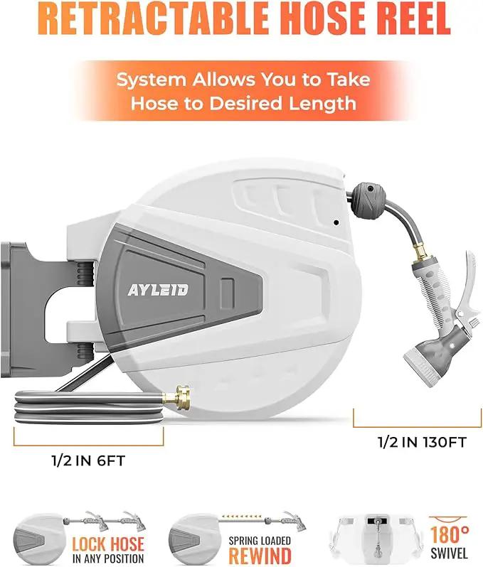 Ayleid Retractable Garden Hose Reel,1/2 in x 130 ft Wall Mounted Hose Reel, with 9- Function Sprayer Nozzle, Any Length Lock/Slow Return System/Wall Mounted/180°Swivel Bracket (Grey) by GreenHaven Gardens