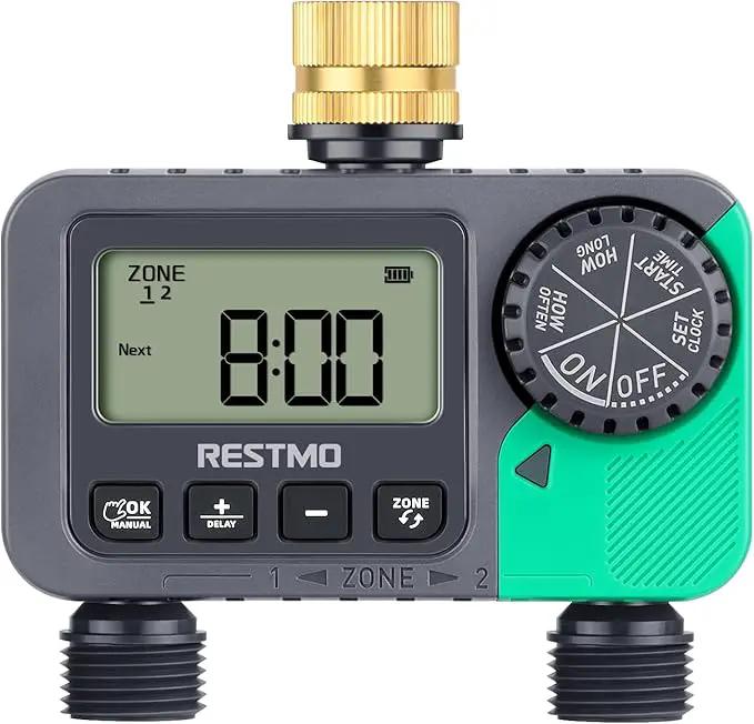 RESTMO Water Timer for Garden Hose, Sprinkler Timer with Brass Inlet, Automatic Digital Control | Manual ON/Off | Rain Delay, for Outdoor Faucet, Drip Irrigation and Lawn, 2 Outlet by GreenHaven Gardens