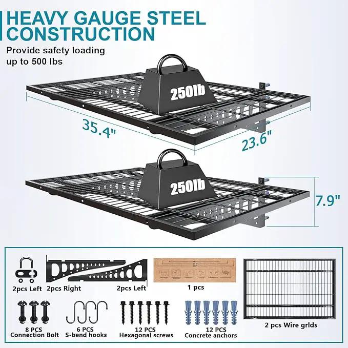 2-Pack 2×3ft Garage Wall Shelving, 24×36 inches Heavy Duty Wall Mounted Shelves, Garage Storage Shelf, 500 lbs Load Capacity, Black by GreenHaven Gardens