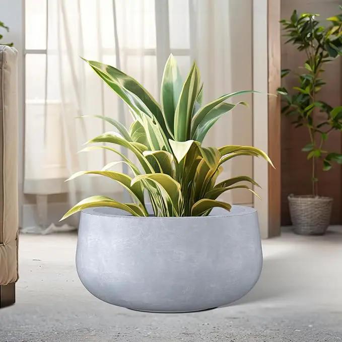 Kante 15.7" Dia Round Concrete Planter, Cement Plant Pots with Drainage Hole and Rubber Plug for Outdoor Indoor Garden Home, Modern Curvaceous Design, Gray by GreenHaven Gardens