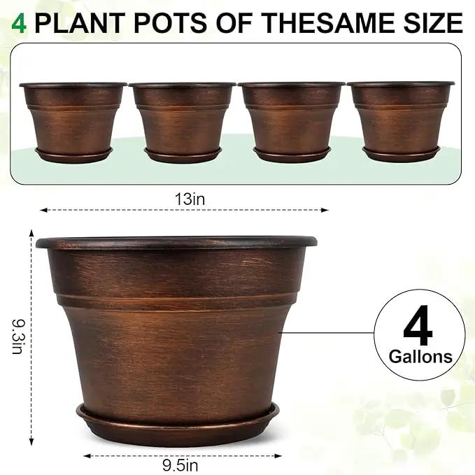 Plant Planters Pots Set of 4 Pack 13 Inch，Large Plastic Flower Pot for Indoor Plants with Drainage Holes & Trays, Resin Decorative Container Sets with Saucer for House Outdoor Garden Plant Copper by GreenHaven Gardens