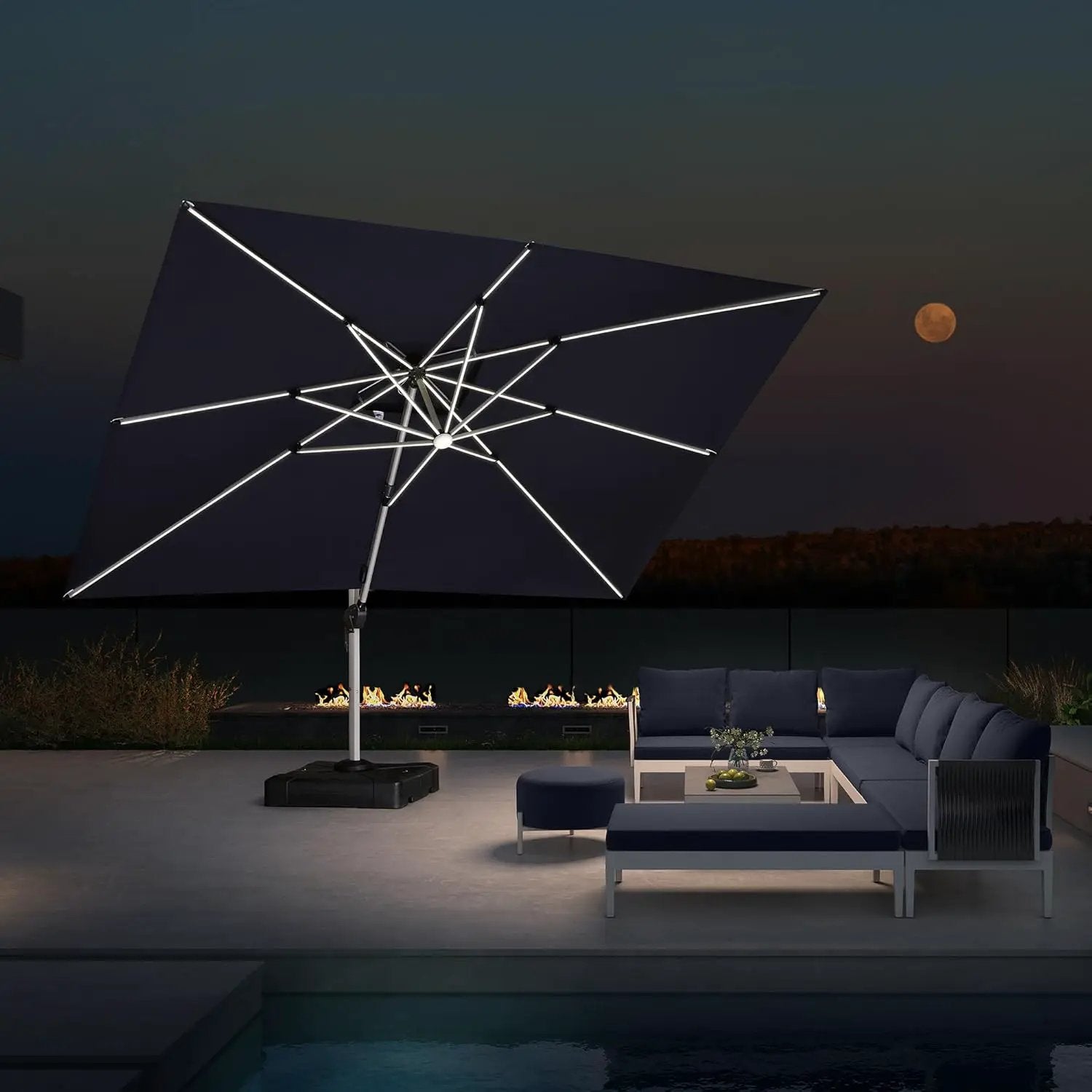PURPLE LEAF 10' X 13' Double Top Deluxe Solar Powered LED Rectangle Patio Umbrella Offset Hanging Umbrella Outdoor Cantilever Umbrella, Navy Blue by GreenHaven Gardens