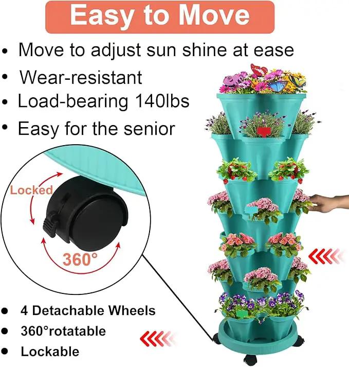 Vertical Planter, 7 Tier Stackable Strawberry Planter with Garden Tool Set, Movable Indoor/Outdoor Garden Herb Pot for Growing Vegetables and Succulents, Teal by GreenHaven Gardens