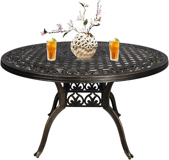 48" Round Patio Table for 6 Person Cast Aluminum Bistro Table with Umbrella Hole,Metal Patio Table Outdoor Bistro Dining Table for Garden,Bronze by GreenHaven Gardens