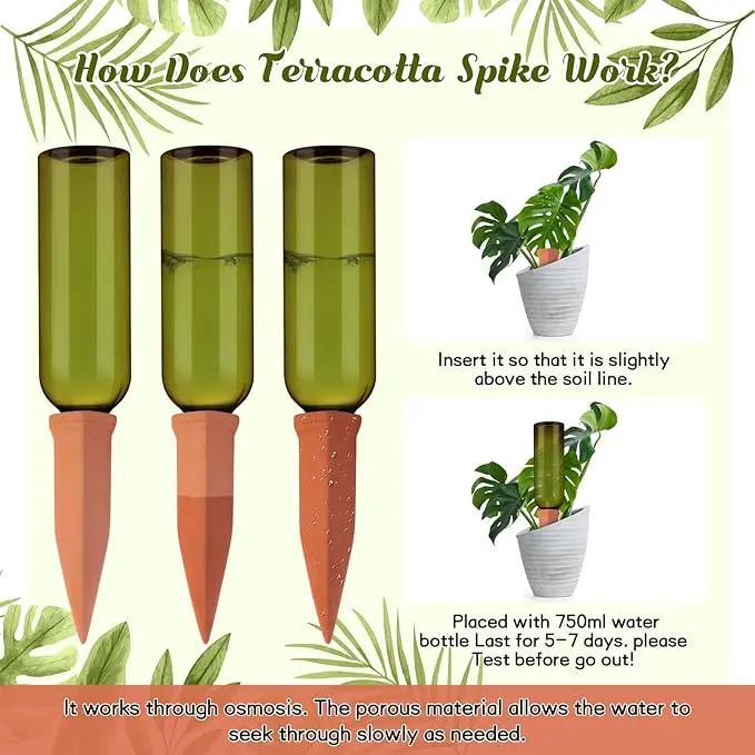 6 Sets Plant Watering Devices Include Terracotta Self Watering Spikes and 26 oz Plastic Bottles, Slow Release Vacation Insert Automatic Plant Waterer Device (Green and Terracotta) by GreenHaven Gardens