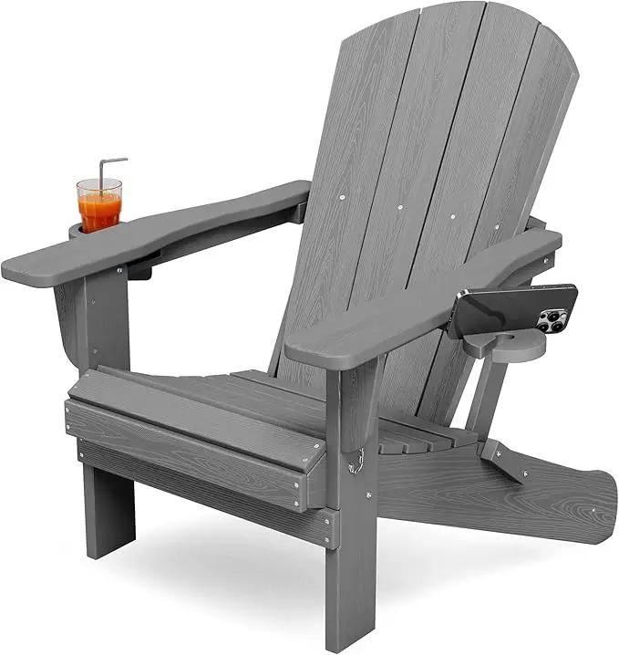 KINGYES Folding Adirondack Chair with Dual Cup Holders - HDPE All-Weather Outdoor Chairs, Grey by GreenHaven Gardens