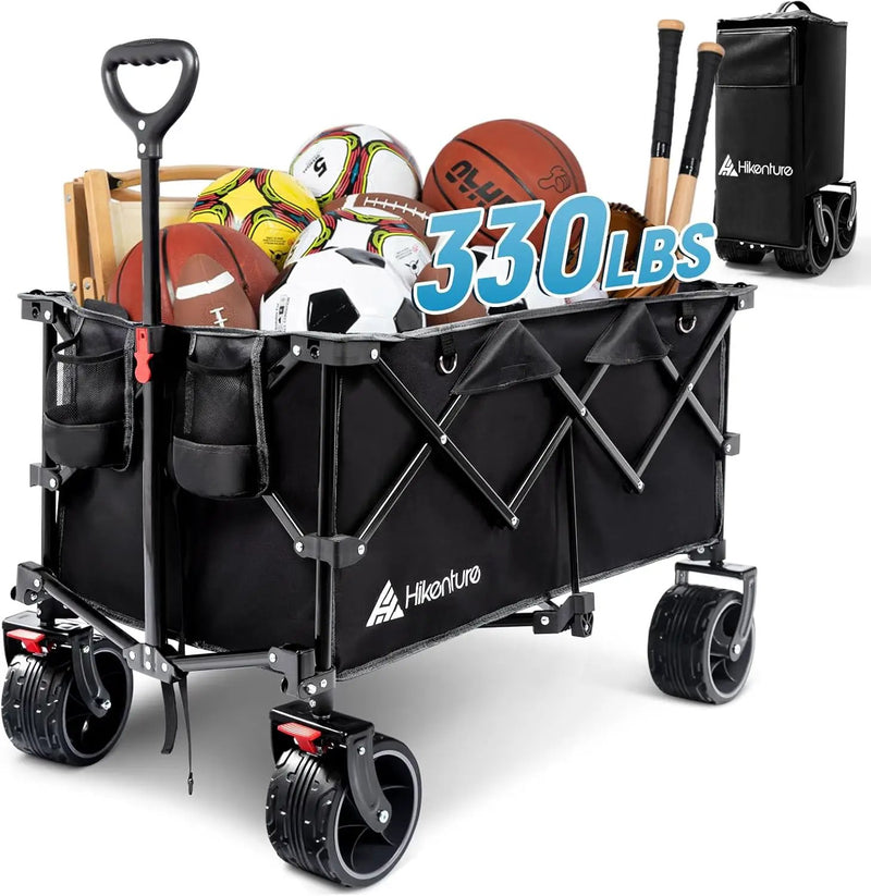 Hikenture Collapsible Wagon Cart, 330lbs Capacity Beach Wagons with Big Wheels for Sand, Heavy Duty Foldable Cart with Brakes, Portable Utility Folding Garden Cart for Outdoor by GreenHaven Gardens