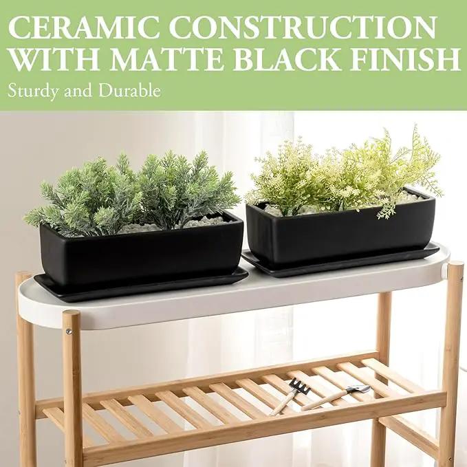 MyGift Matte Black Ceramic Indoor Plant Pot Succulent Planter, Decorative Flower Planter with Drainage Hole and Removable Tray (14 inch - 2 Pack) by GreenHaven Gardens