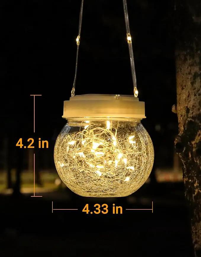 Solar Lantern Solar Lights Outdoor Waterproof 2-Pack, Solar Powered Hanging Lights Cracked Glass Hanging Globes for Christmas Decoration, Shepherd Hook, Garden Tree Ornaments, White Cap, Warm White by GreenHaven Gardens