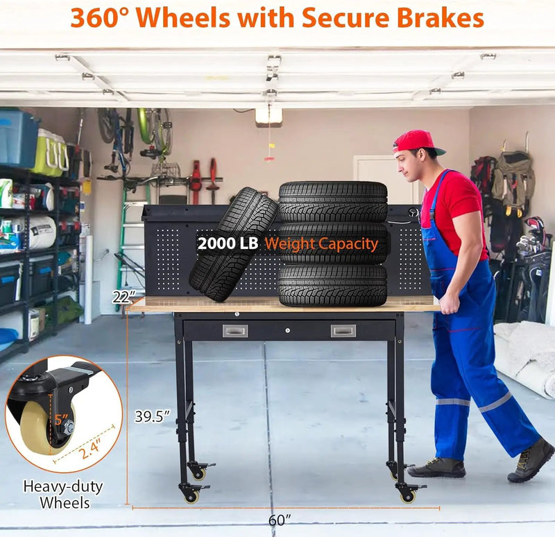 60'' Adjustable Workbench, Heavy Duty Workbench with Drawer and Backplate, 2000 LBS Capacity Work Table with Power Outlet and Lockable Wheels, Suitable for Office, Garage, Workshop by GreenHaven Gardens