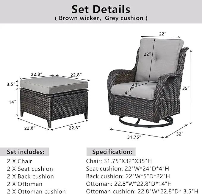 4 Pieces Patio Furniture Sets, Wicker Patio Swivel Glider Chair with Ottomans, Outdoor Furniture Set for Outside Porch, Deck, Balcony, Garden by GreenHaven Gardens