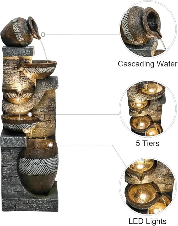 SunJet 5-Tiers Indoor/Outdoor Garden Water Fountain - 42.5inches Modern Floor-Standing Cascading Water Feature - Suitable for Deck, Patio, Porch, Yard Decor by GreenHaven Gardens
