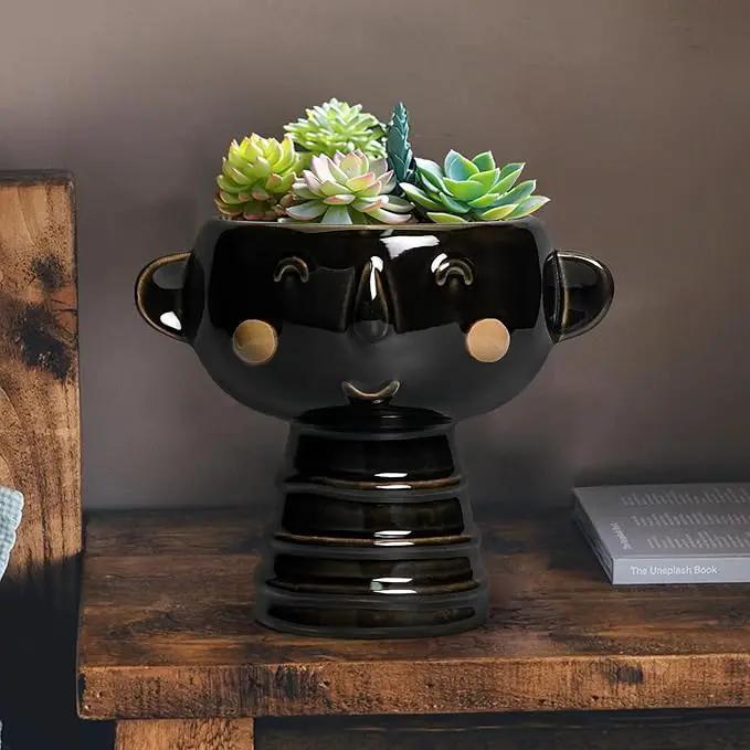 Face Planter - 7 Inch Ceramic Head Planters for Indoor Plants Outdoor, Cute Succulent Pots with Drainage Hole, Decorative Plant Pot, Home Office Room Decor, Black by GreenHaven Gardens