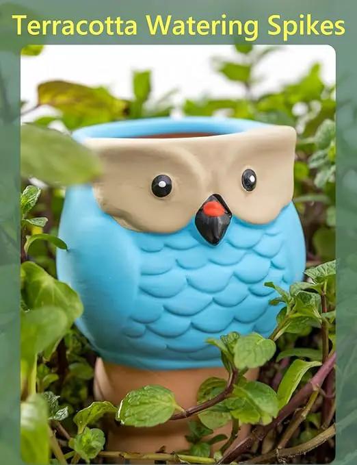 4 Pack Plant Watering Devices, Animal Shape Terracotta Watering Spikes, Vacation Self Watering Planter Insert, Automatic Plant Waterer for Indoor Outdoor Plants (Owl-Grey Eye) by GreenHaven Gardens