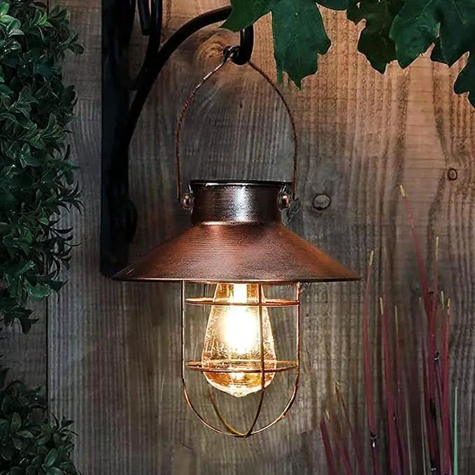 pearlstar Solar Lantern Outdoor Hanging Light Metal Farmhouse Solar Lamp with Warm White Edison Bulb Design for Garden Yard Patio Porch Decor (Brushed Copper) by GreenHaven Gardens