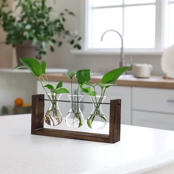 YIBOT Wall Hanging Planter Propagation Station, Plant Terrarium with Wooden Stand, Hydroponics Plants Home Office Living Room Decor Gift-3 Bulb Glass Vases by GreenHaven Gardens