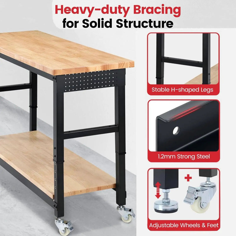 Workbench for Garage with Wheels 60 x 22 Inch Heavy Duty Rubberwood Tabletop Work Table with Under Table Shelf, Pegboard, Power Outlets for Woodworking Shop Home Office by GreenHaven Gardens
