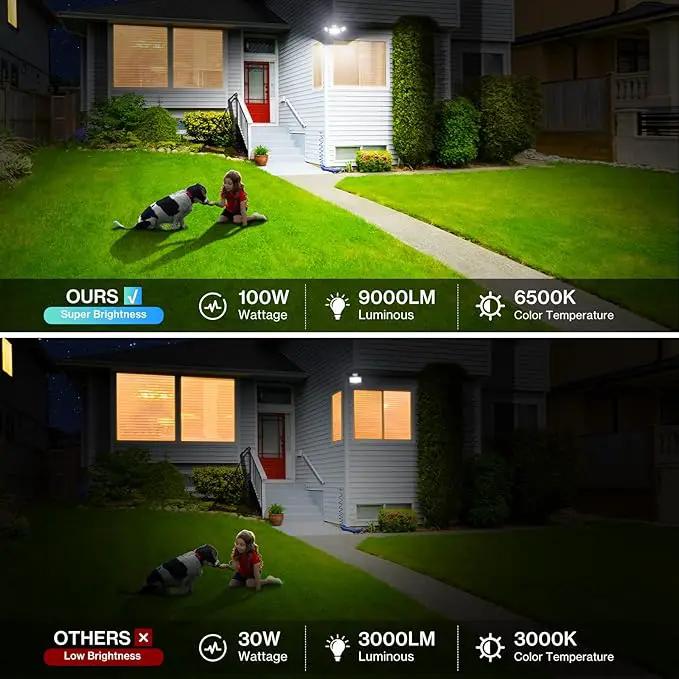 100W LED Flood Light Motion Sensor, 9000LM Motion Security Lights Outdoor, 3 Head Adjustable Floodlight, IP65 Waterproof Exterior Floodlights, 6500K Wall Light for Entryway, Yard, Garage by GreenHaven Gardens