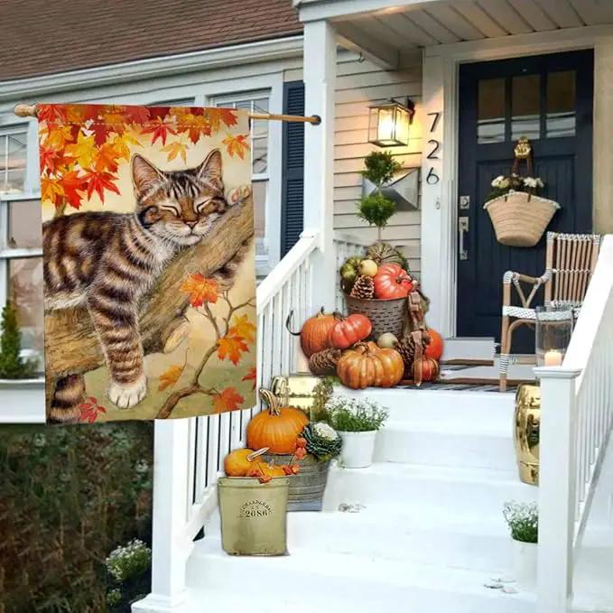BLKWHT Fall Cat House Flag 28 x 40 Vertical Double Sided Autumn Leaves Thanksgiving Holiday Outside Decorations Burlap Yard Flag BW699-40 by GreenHaven Gardens