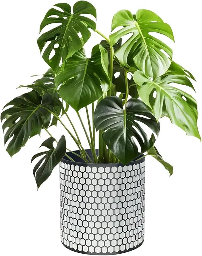 12 Inch Flower Pot Without Bracket with Drainage Holes Suitable for Indoor and Outdoor Decorative Planting (Black White Hexagon, 12 Inches) by GreenHaven Gardens