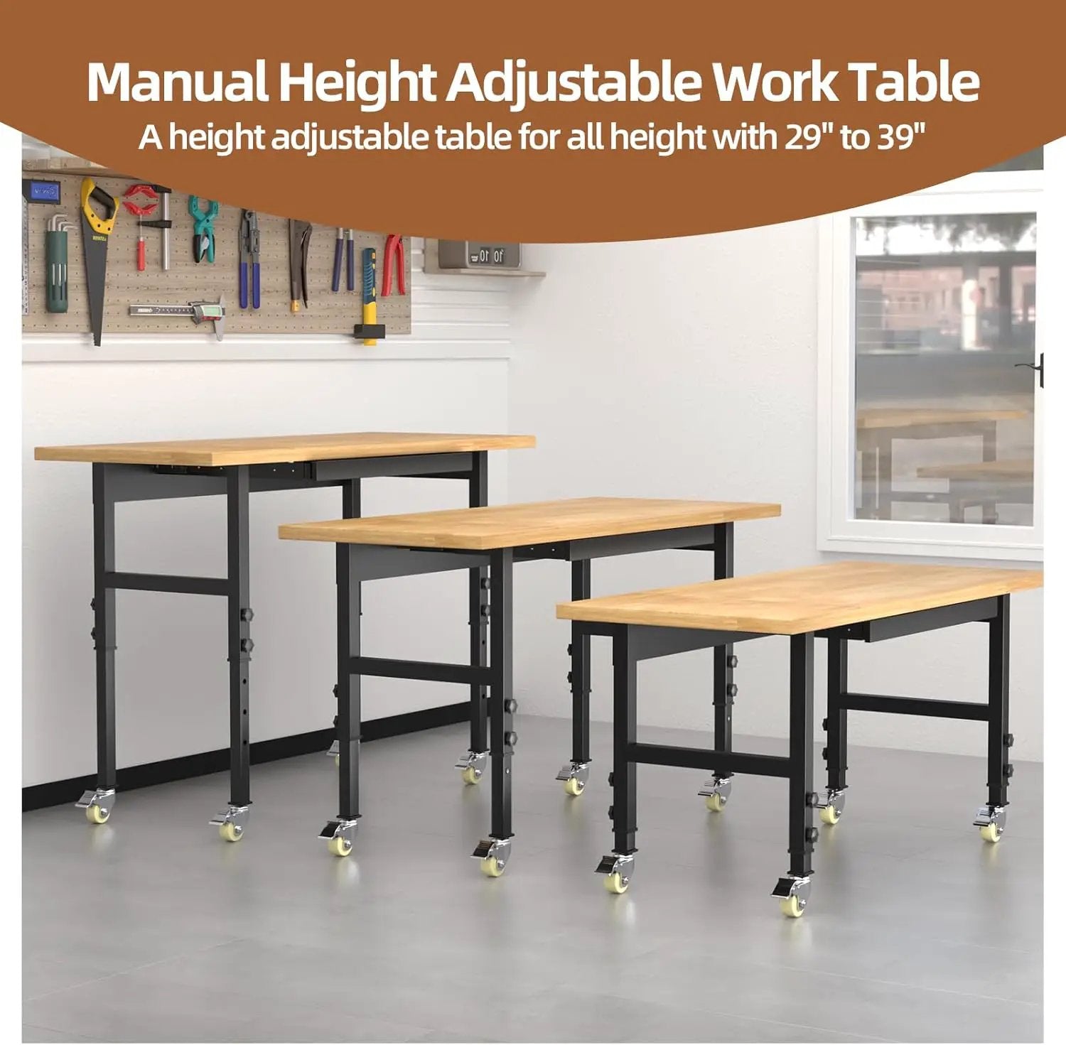 60'' Adjustable Workbench, Solid Wood Work Bench Table with Wheels and Power Outlet, Rolling Workbenchs with Drawers, Large Load Capacity Garage Workbench for Workshop,Office,Home by GreenHaven Gardens