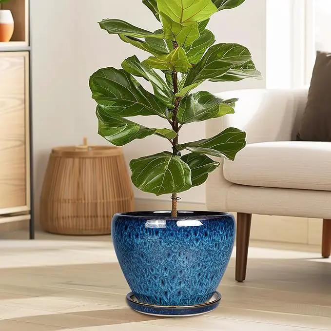 10 Inch Ceramic Planter Pot, Ceramic Plant Pot for Indoor Outdoor Plants, Large Flower Pot with Drainage Hole and Saucer, Blue by GreenHaven Gardens