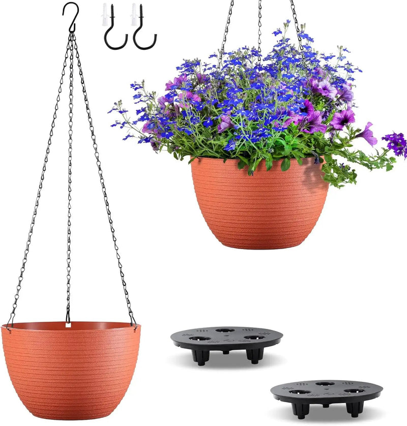 Hanging Planters for Indoor Outdoor Plants, Set of 2 Self Watering Hanging Pots with Drainage Hole & Plug and 20" Chain & Hooks by GreenHaven Gardens