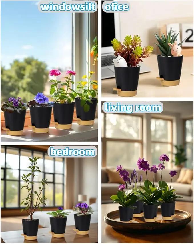 12 Pack 4 Inch Self Watering Plant Pots with Drainage and Saucers，Plastic Flower Pots for Indoor and Outdoor Plants, Nursery Planters for Houseplants and Herbs Black Brown, 4 inch 12pcs by GreenHaven Gardens