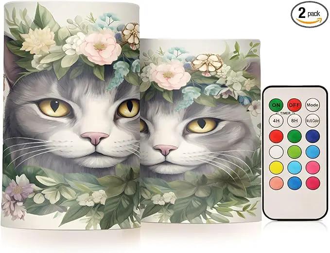 Flickering Flameless Candles, Cat Head Flowers LED Candles with Remote Timer, Set of 2 Battery Operated Candle for Valentine Wedding Birthday by GreenHaven Gardens