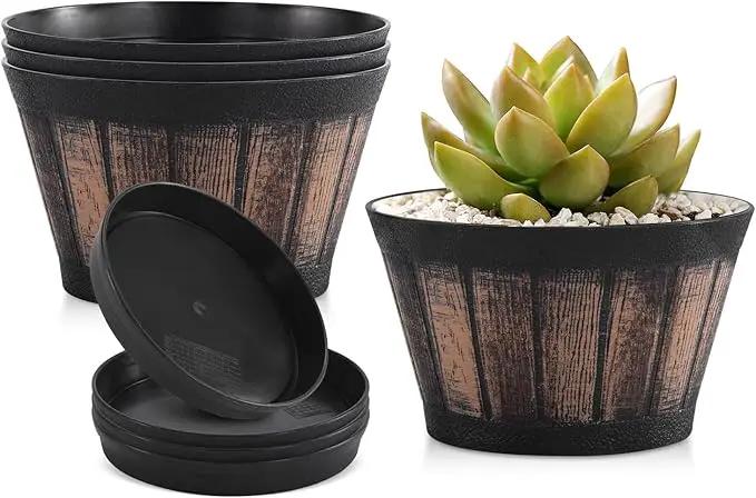 Quarut 6 inch Brown Barrel Planters with Drainage Holes & Saucer, Set of 4, Indoor & Outdoor Garden Home Plants by GreenHaven Gardens