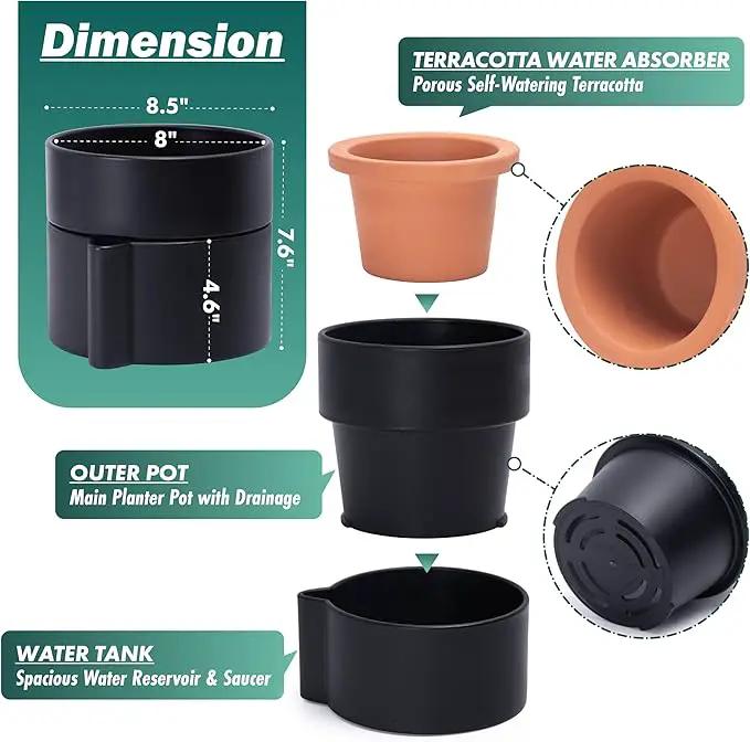 Phoenix Vine 8 Inch Self-Watering Planter Pot with Terracotta Insert, Deep Water Reservoir, and Ceramic-Alike BPA-Free Plastic Planter Pot for Plant, Modern Planter for Houseplants, Black, 53-A-T-2 by GreenHaven Gardens