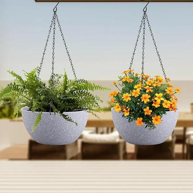10 inch Hanging Planters for Indoor Outdoor Plants, 2 Pack Hanging Flower Pots with Drainage Holes and Chain for Garden Porch, Plastic Hanging Baskets for House Plants, Speckled Grey by GreenHaven Gardens