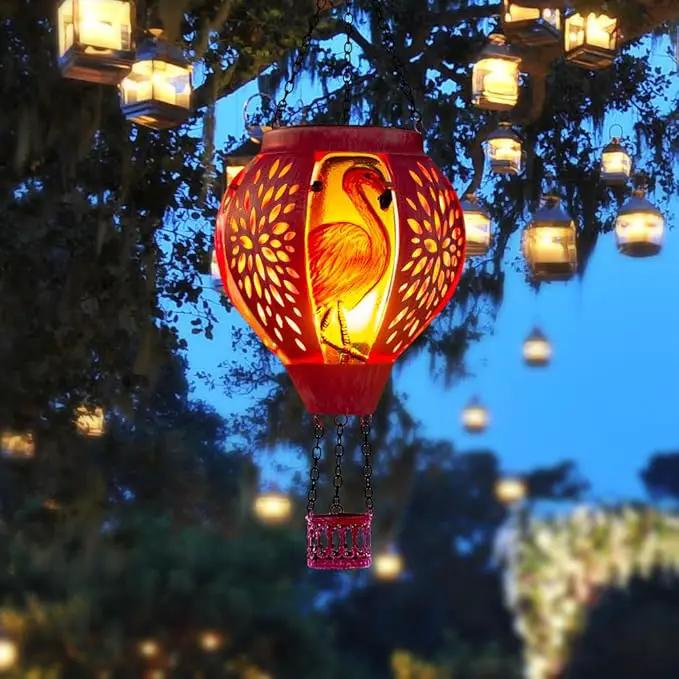 Starsoul Pink Hot Air Balloon Solar Lantern Flamingo Metal & Glass Solar Hot Air Balloon Hanging Garden Light Waterproof Outdoor Lantern for Patio Yard Party Decor by GreenHaven Gardens