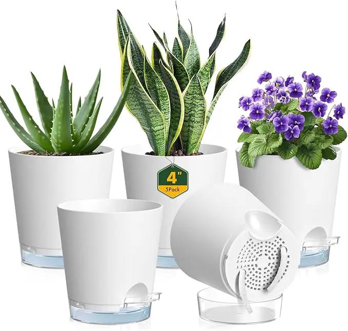 4 inch Self Watering Pots for Indoor Plants, 5 Pack Small Flower Plant Pots with Drainage Holes and Clear Reservoirs, Visible Water Level, Plastic Planters with Wicking Rope, White by GreenHaven Gardens