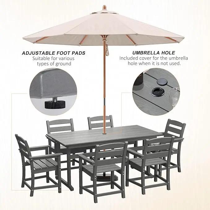 7pcs Outdoor Dining Set, HDPE Patio Dining Set for 6, All-Weather Outdoor Table and Chairs with Umbrella Hole & Adjustable Pads, Modern Patio Furniture Set for Backyard, Poolside &Lawn (Grey) by GreenHaven Gardens
