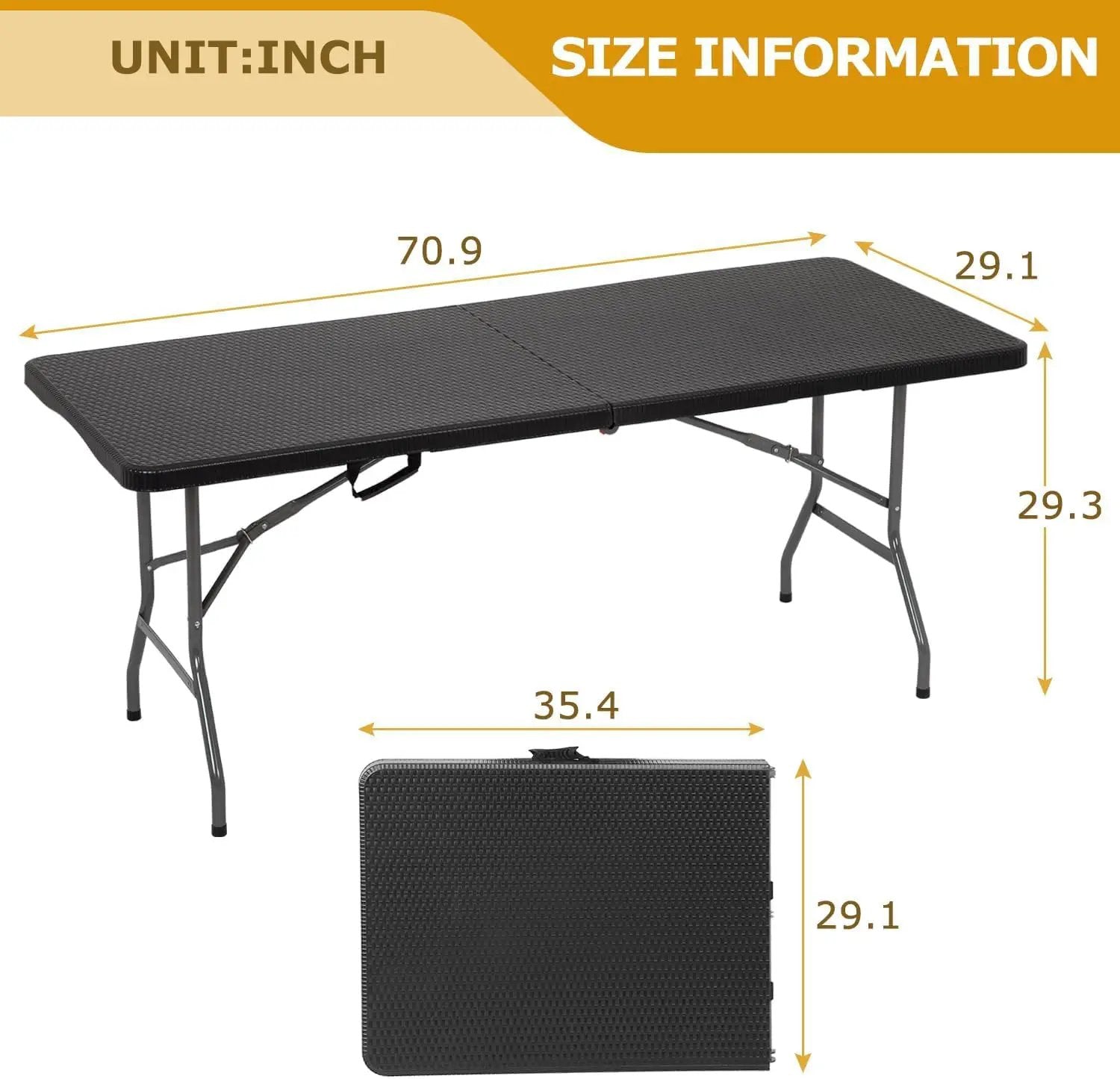 6FT Folding Table, Heavy Duty Plastic Table Portable Fold-in-Half Utility Table Indoor Outdoor Picnic Table w/Handle & Lock for Camping BBQ Party Wedding Market Events, Black Ratten by GreenHaven Gardens