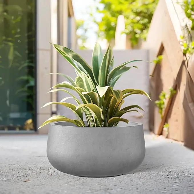 Kante 11.8" Dia Round Concrete Planter, Cement Plant Pots with Drainage Hole and Rubber Plug for Outdoor Indoor Garden Home, Modern Curvaceous Design, Natural Concrete by GreenHaven Gardens
