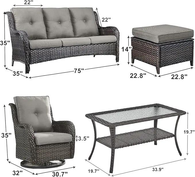 Outdoor Wicker Patio Furniture Set - 6 Piece Rattan Patio Conversation Set with 2 Rocking Swivel Chairs,2 Ottomans,1 Sofa and 1 Coffee Table for Porch Deck Backyard Garden(Brown/Grey) by GreenHaven Gardens