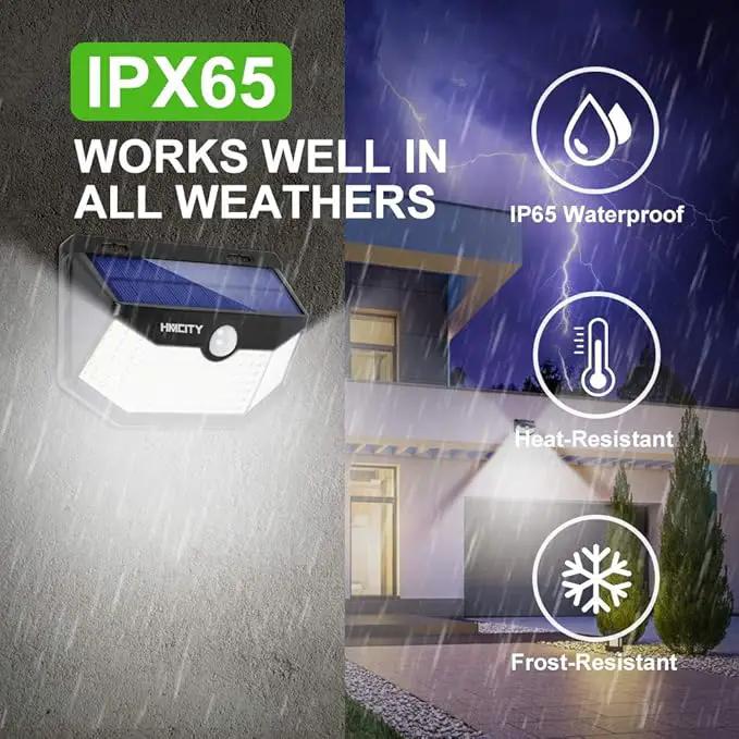 HMCITY Solar Lights Outdoor 120 LED with Reflector and 3 Lighting Modes,Motion Sensor Wall Lights, IP65 Waterproof Solar Powered Wall Lights for Garden Deck Lights (Back Button 4Packs, Daylight White) by GreenHaven Gardens