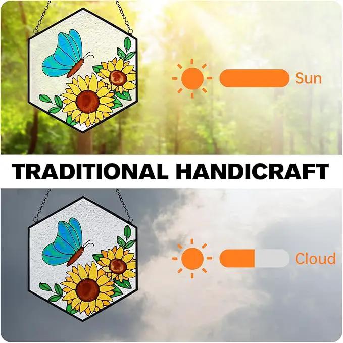 Stained Glass Butterfly Sunflower Suncatcher Window Hanging Ornament, Light Transmission Hand Paint Sun Catchers for Women Gifts, for Lover by GreenHaven Gardens