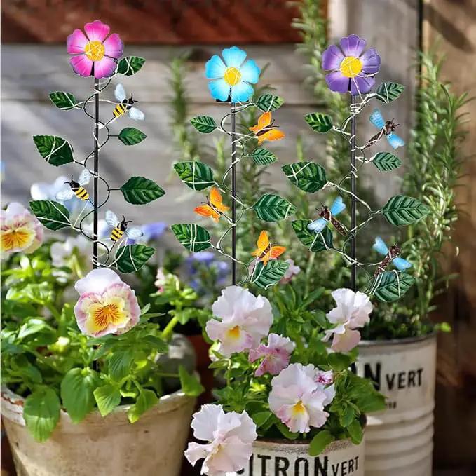Set of 3 Solar Garden Lights,23'' H Flowers＆Insect Decorative Garden Stakes,Waterproof Metal Spring Yard Art Decor,Solar Stake Lights for Outside,Lawn,Yard,Patio by GreenHaven Gardens