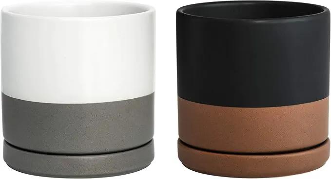 D'vine Dev Set of 2 Plants Pots, 6 Inch Ceramic Planter Pot for Plants with Drainage Hole and Saucer, White-Grey/Black-Tan, 94-V-C-C by GreenHaven Gardens
