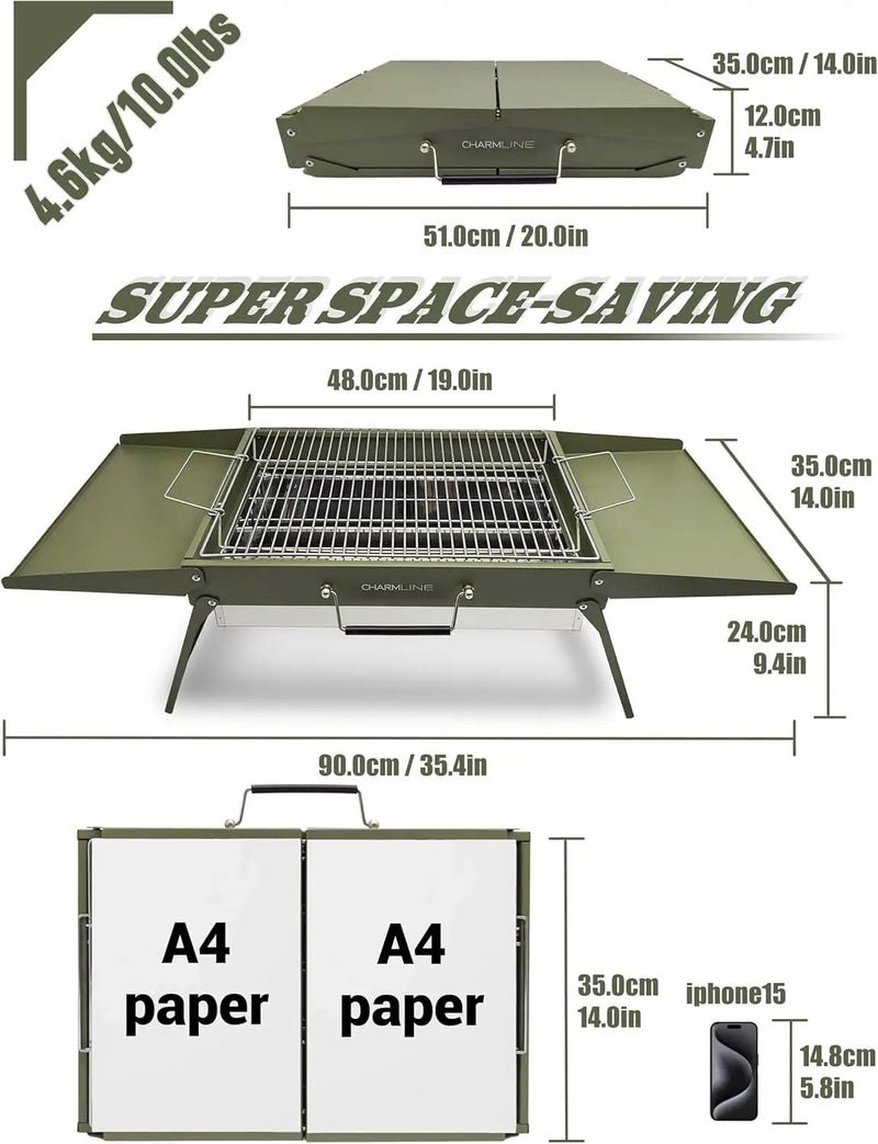 Charmline 20x14inch Big Desktop Charcoal Grill, Liftable Grilling Net, Saving Space Grill for Indoor and Outdoor, BBQ Grill for Camping, Gardens, Picnics, Beach Parties, Green, Max by GreenHaven Gardens