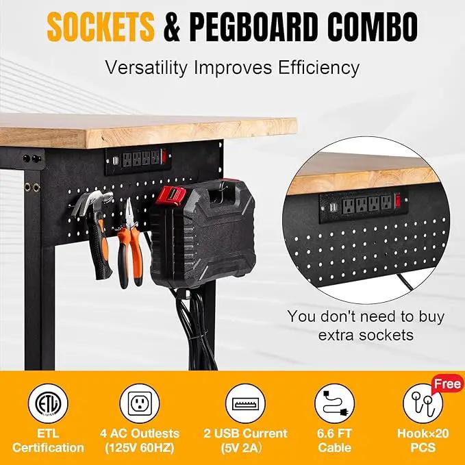 Height Adjustable Workbench 60”×22” Heavy Duty Work Table 2000 LBS Load Capacity Rubber Wood Work Station with Power Outlet & Pegboard for Garage, Office, Workshop, Home, Party Shop by GreenHaven Gardens