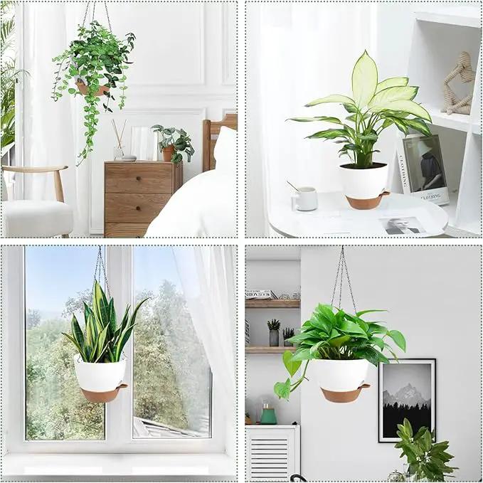 Hanging Planters for Indoor Outdoor Plants, 2 Pack Self Watering Hanging Pot with Drainage Holes & Removable Tray (White, 6'')