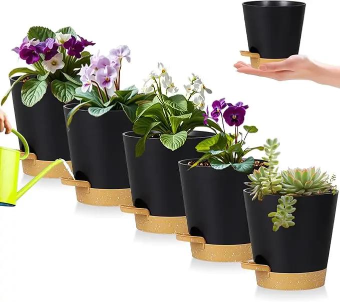 5 Pack 5 inch Self-Watering Pots, African Violets Planter with Drainage Holes and Reservoir, Black Brown Plastic Planter for Indoor Outdoor Plants Flowers and Houseplants black brown, 5 inch 5 pcs by GreenHaven Gardens