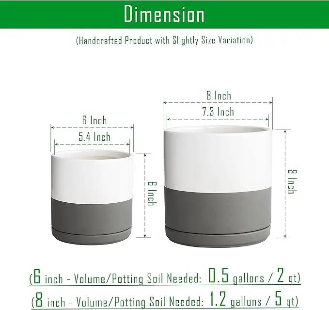 D'vine Dev 6 Inch & 8 Inch Ceramic Planter Pots for Plants with Drainage Hole and Saucer, Medium Plant Pots Set, White/Speckled Grey, 94-G-M-6 by GreenHaven Gardens