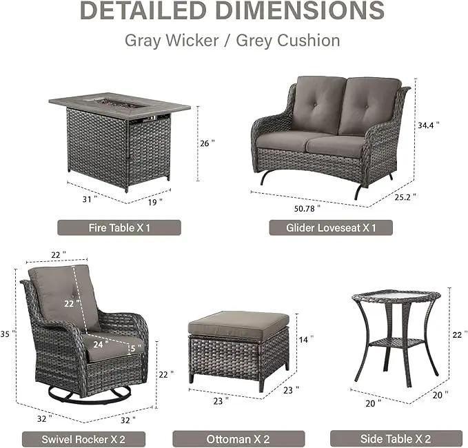 8 Piece Outdoor Patio Furniture Set - 41" CSA Propane Fire Pit Table Patio Conversation Set with Swivel Rocker Outdoor Chairs, Wicker loveseat and Ottoman for Outside Casual Gathering by GreenHaven Gardens