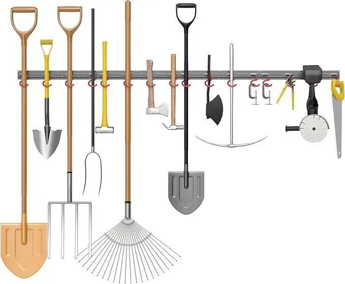 TORACK Metal Wall-Mounted Garden Tool Organizer for Garage, Mop and Broom Holder, Yard Tool Storage Rack for Rakes, Shovels, Mops, Brooms (4 Rails, 16 Hooks) by GreenHaven Gardens
